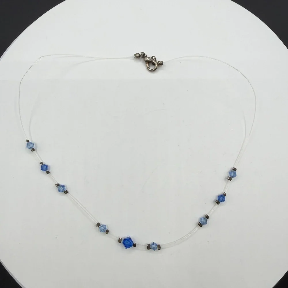 Blue Faceted Crystal Illusion Necklace Clear Wire Minimalist Y2K Gift for Her